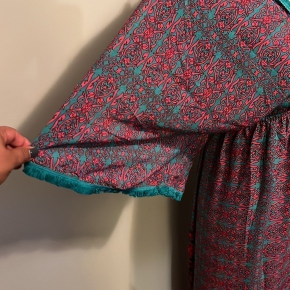 Patterned Maxi Dress in Red, teal and purple in size medium silk blend.  Fringe - Picture 11 of 15